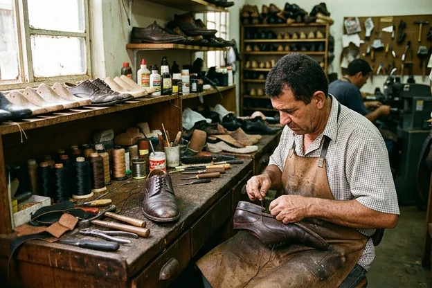 Processo de reforma de sapatos sociais em Campo Grande.