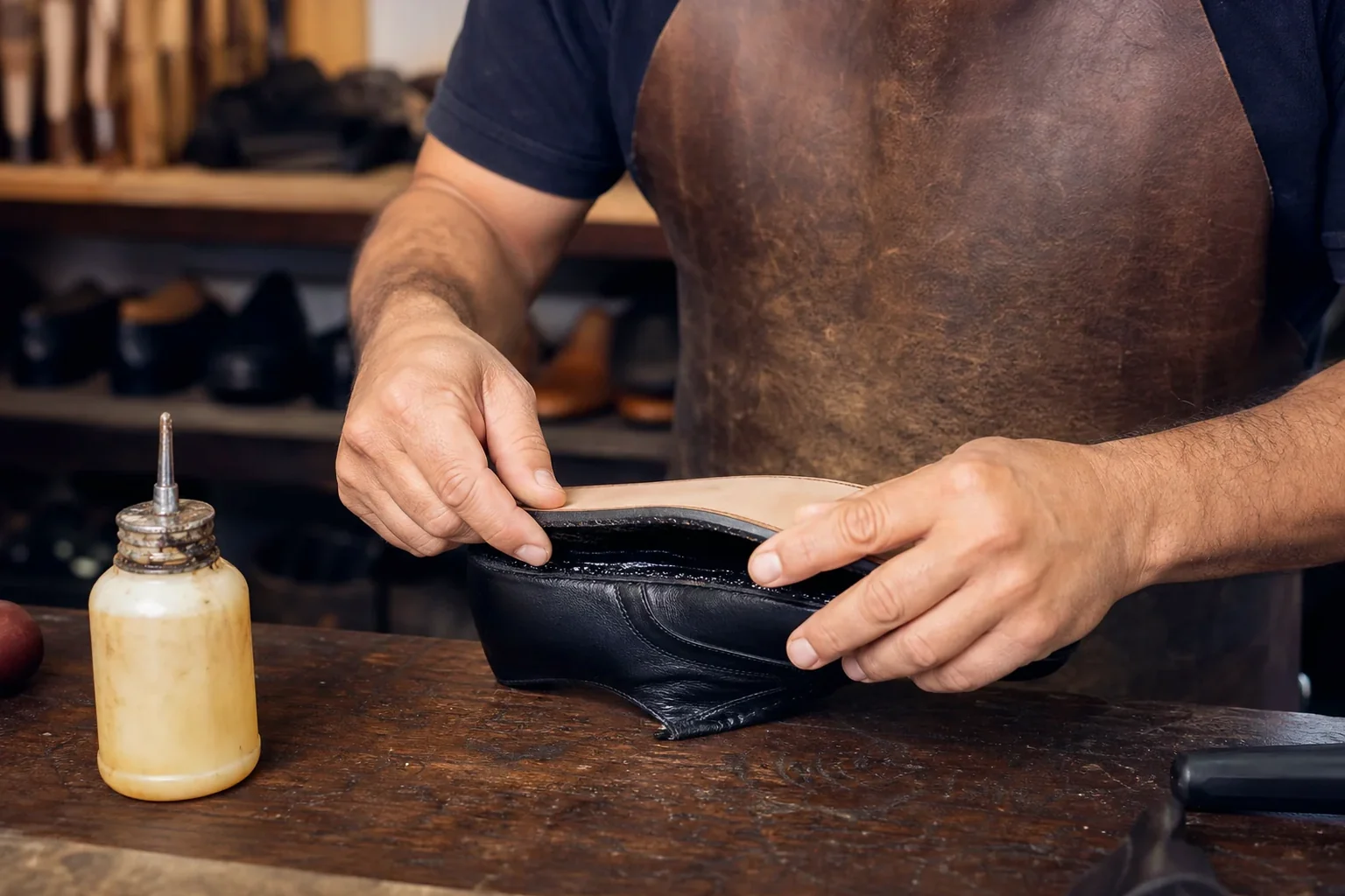 Sapateiro em Campo Grande realizando colagem de solas descoladas em um par de sapatos.