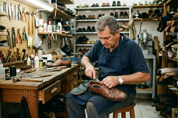 Sapateiro realizando a troca de palmilhas em Campo Grande.