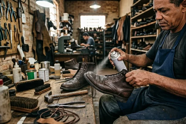 Sapatos recebendo tratamento de impermeabilização em Campo Grande.